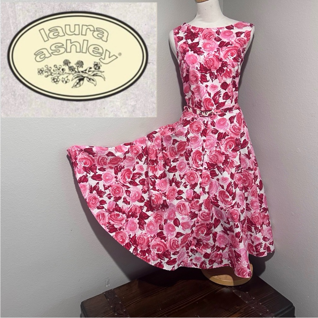 Vintage Laura Ashley Pink Red Rose Cotton Dress Uk 14 Us 10 Romantic Date Night